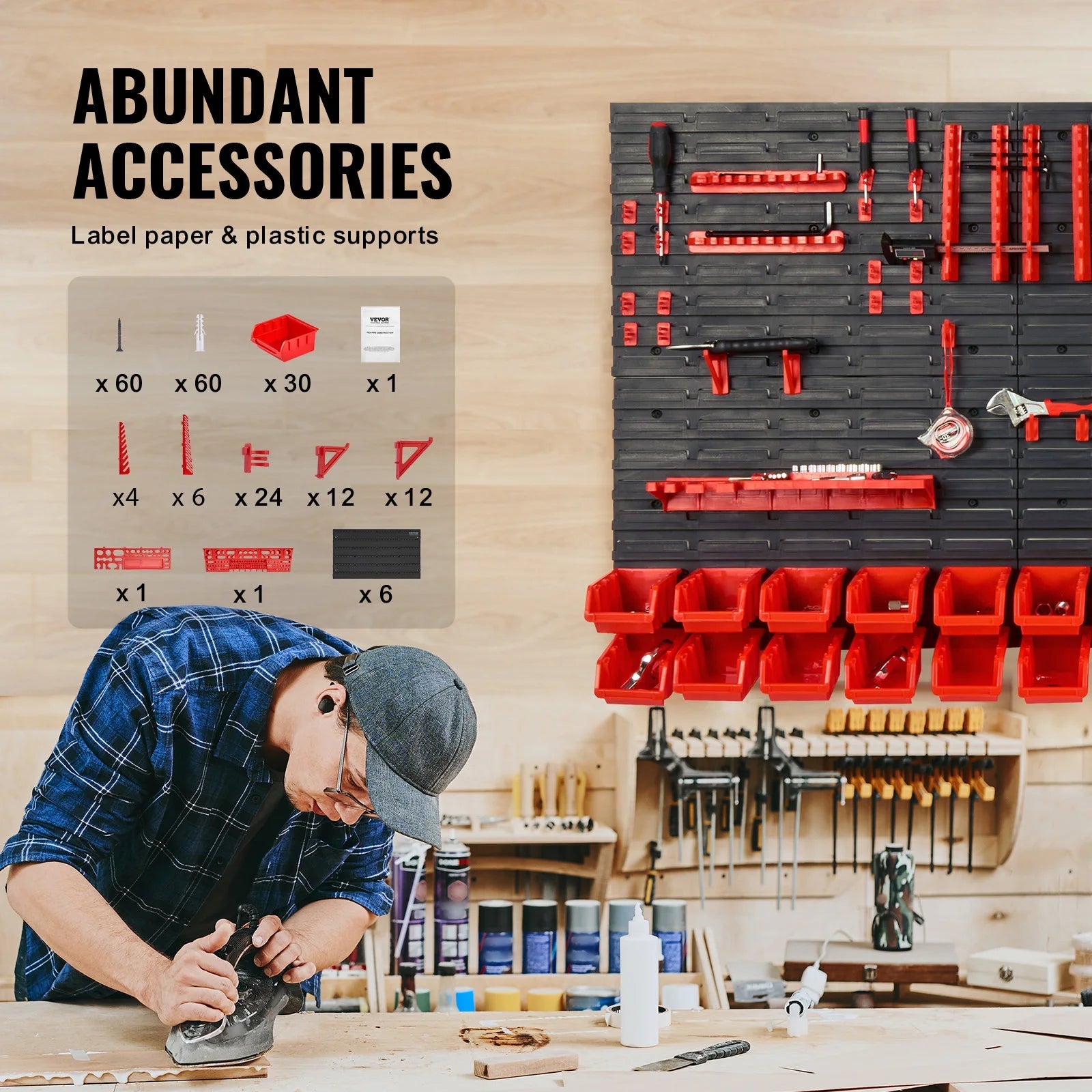 SucceBuy Wall Mounted Storage Bins Rack Organizer – 30/48 Plastic Parts Bins with Wall Panels & Hooks for Garage, Workshop, Tools, Screws & Nails - Buy at GearForge