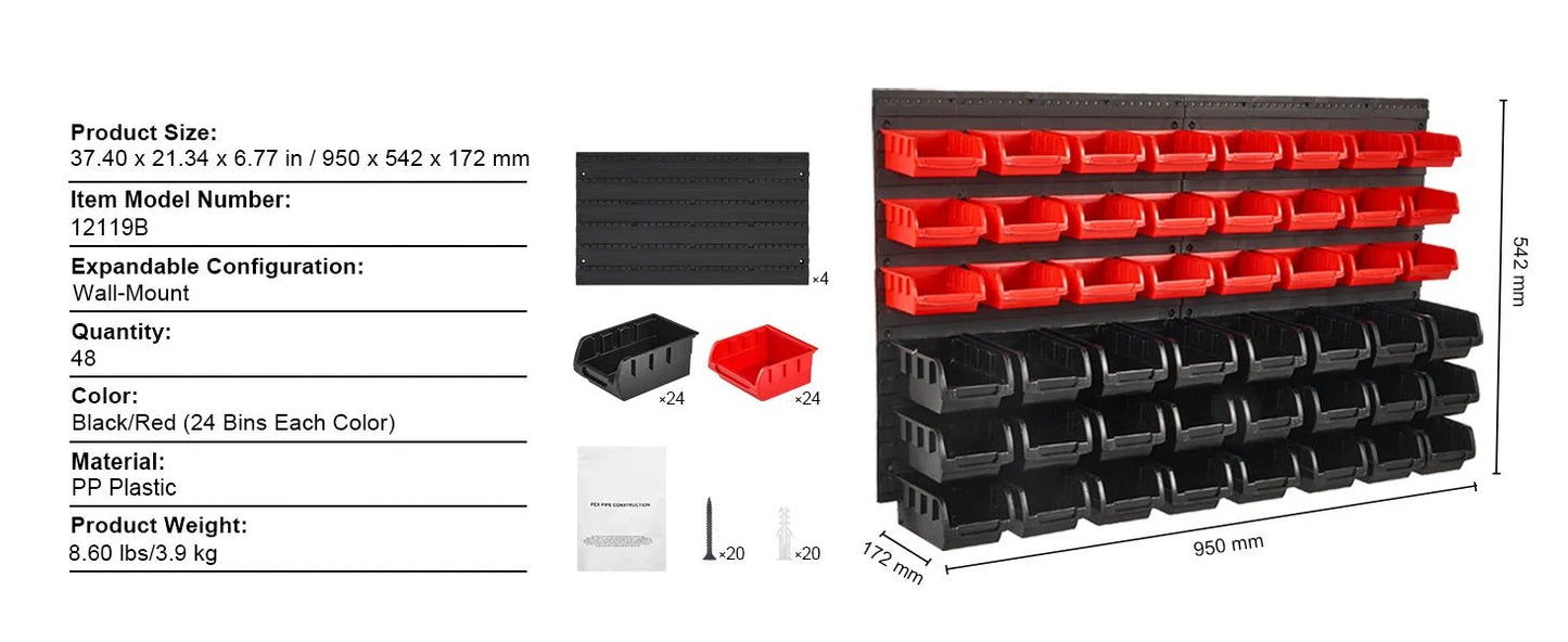 SucceBuy Wall Mounted Storage Bins Rack Organizer – 30/48 Plastic Parts Bins with Wall Panels & Hooks for Garage, Workshop, Tools, Screws & Nails - Buy at GearForge