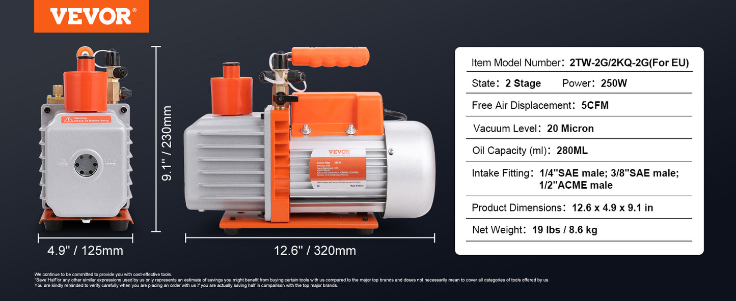 VEVOR 1&2 Stage Vacuum Pump 3.5/5/7CFM AC120V Air Conditioning Conditioner Vacuum Pump for HVAC Repair Refrigeration Maintenance