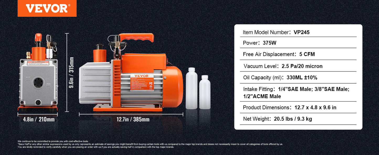VEVOR 1&2 Stage Vacuum Pump 3.5/5/7CFM AC120V Air Conditioning Conditioner Vacuum Pump for HVAC Repair Refrigeration Maintenance