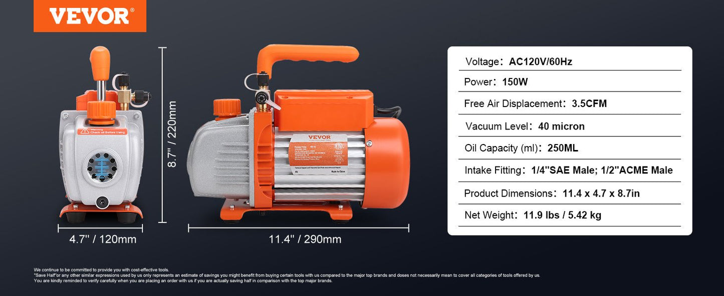 VEVOR 1&2 Stage Vacuum Pump 3.5/5/7CFM AC120V Air Conditioning Conditioner Vacuum Pump for HVAC Repair Refrigeration Maintenance - Buy at GearForge