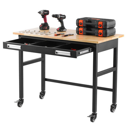 SucceBuy 1500lbs Rolling Workbench with Oak Wood Top & Sliding Drawer Storage – Garage & Workshop Work Table - Buy at GearForge