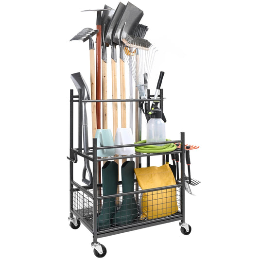 SucceBuy 16 Slots Garden Tool Organizer Yard Tool Tower Rack with Hooks Wheels Long - Handled Rake Stand Holder for Garage Storage - Buy at GearForge