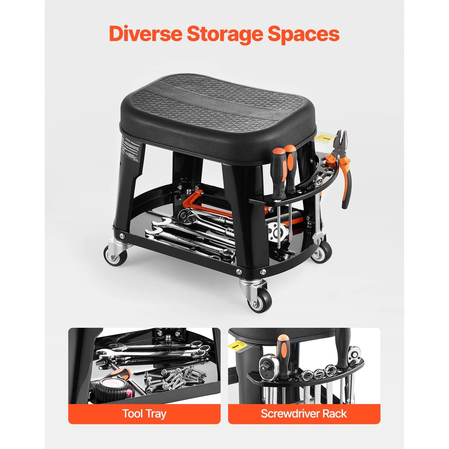 SucceBuy Mechanic Stool 300lbs Garage Seat with Wheels 360° Swivel Rolling Workshop Stool with Tool Tray for Garage, Shop Repair - Buy at GearForge
