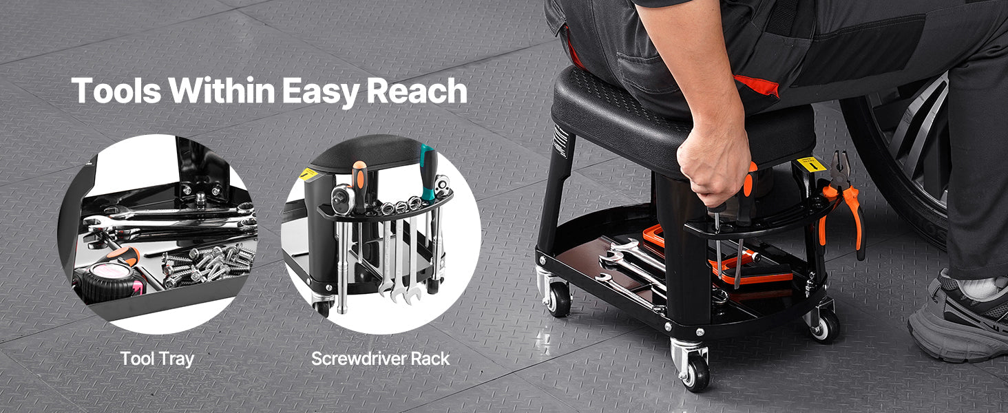 SucceBuy Mechanic Stool 300lbs Garage Seat with Wheels 360° Swivel Rolling Workshop Stool with Tool Tray for Garage, Shop Repair - Buy at GearForge