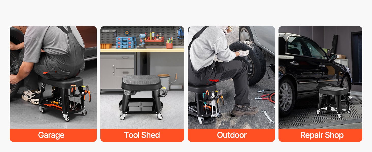 SucceBuy Mechanic Stool 300lbs Garage Seat with Wheels 360° Swivel Rolling Workshop Stool with Tool Tray for Garage, Shop Repair - Buy at GearForge