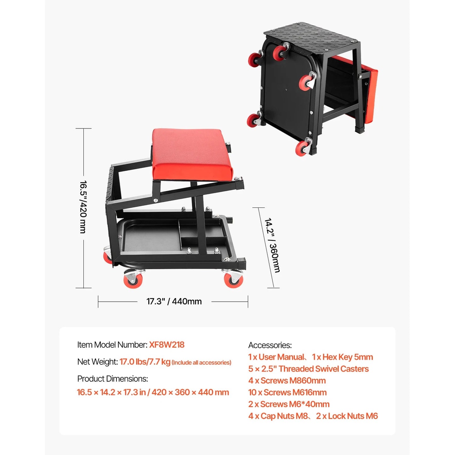 SucceBuy Mechanic Stool 300lbs Garage Seat with Wheels 360° Swivel Rolling Workshop Stool with Tool Tray for Garage, Shop Repair - Buy at GearForge