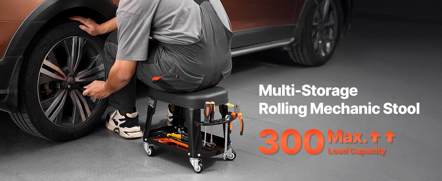 SucceBuy Mechanic Stool 300lbs Garage Seat with Wheels 360° Swivel Rolling Workshop Stool with Tool Tray for Garage, Shop Repair - Buy at GearForge